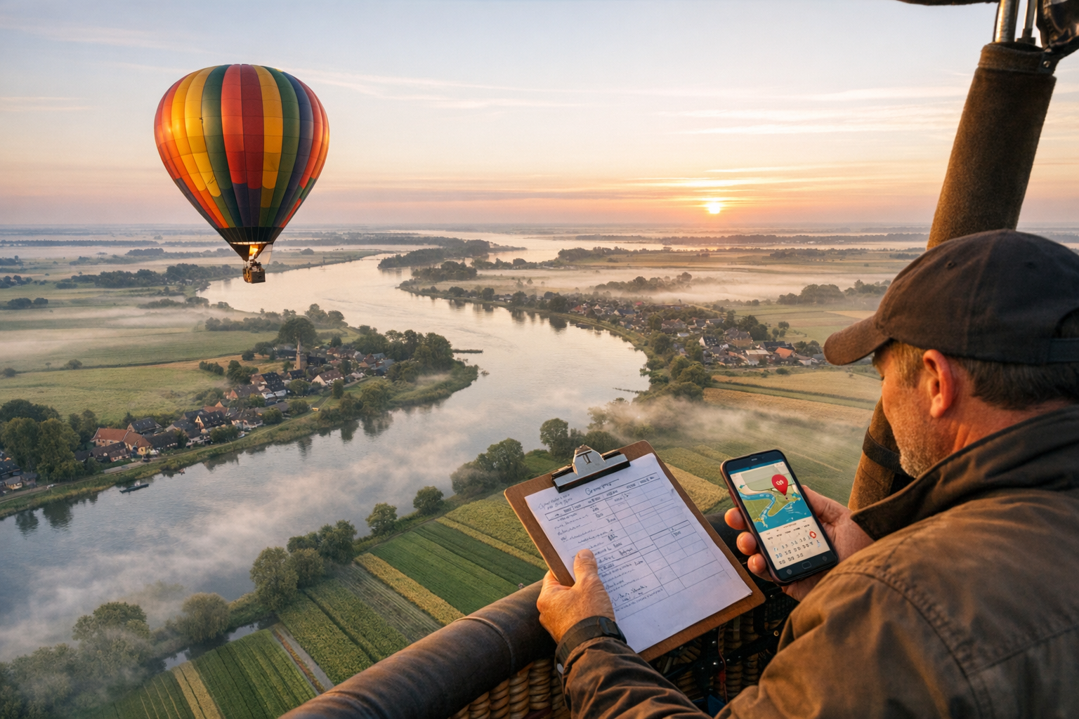 Luchtballon vaart over Nederlands landschap