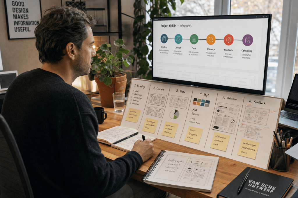 Hoe lang duurt het om een infographic te laten maken en welke stappen zitten er in het proces (van concept tot oplevering)?